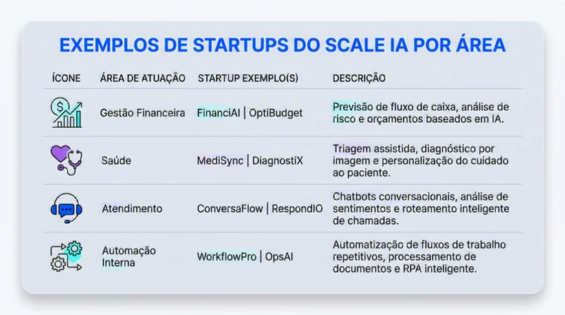 Tabela mostrando startups do Scale IA organizadas por area de aplicacao de inteligencia artificial