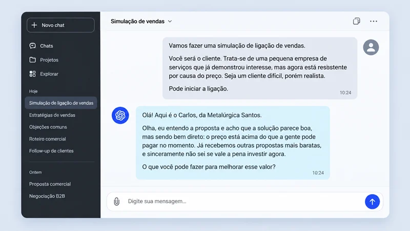 Tela de chat de IA simulando uma objeção de cliente em treino de vendas