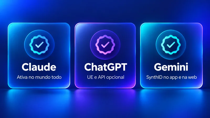 Comparativo visual de três cards mostrando a situação da marca d'água em texto no Claude, no ChatGPT e no Gemini