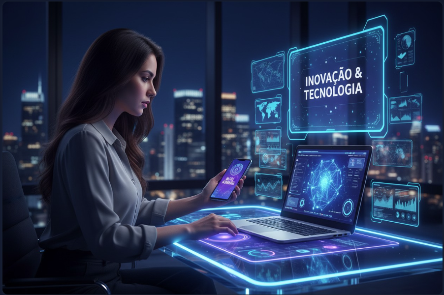 Mulher trabalhando com um notebook segurando um celular